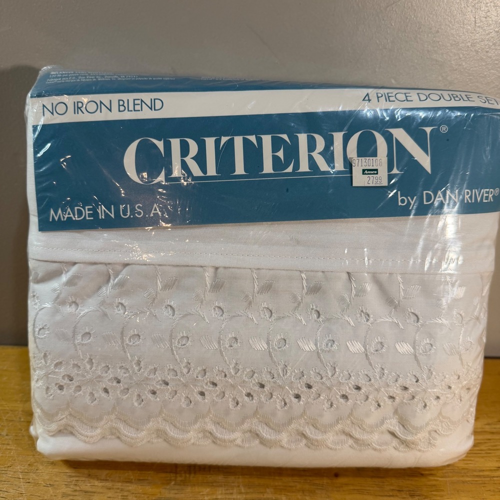 Criterion Dan River Vtg Double Sheet Set White Eyelet New Souvenir 4pc Made USA
